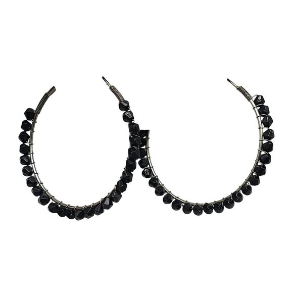 Black Beaded Hoop Earrings With Silver Accents 2 in - Picture 1 of 4